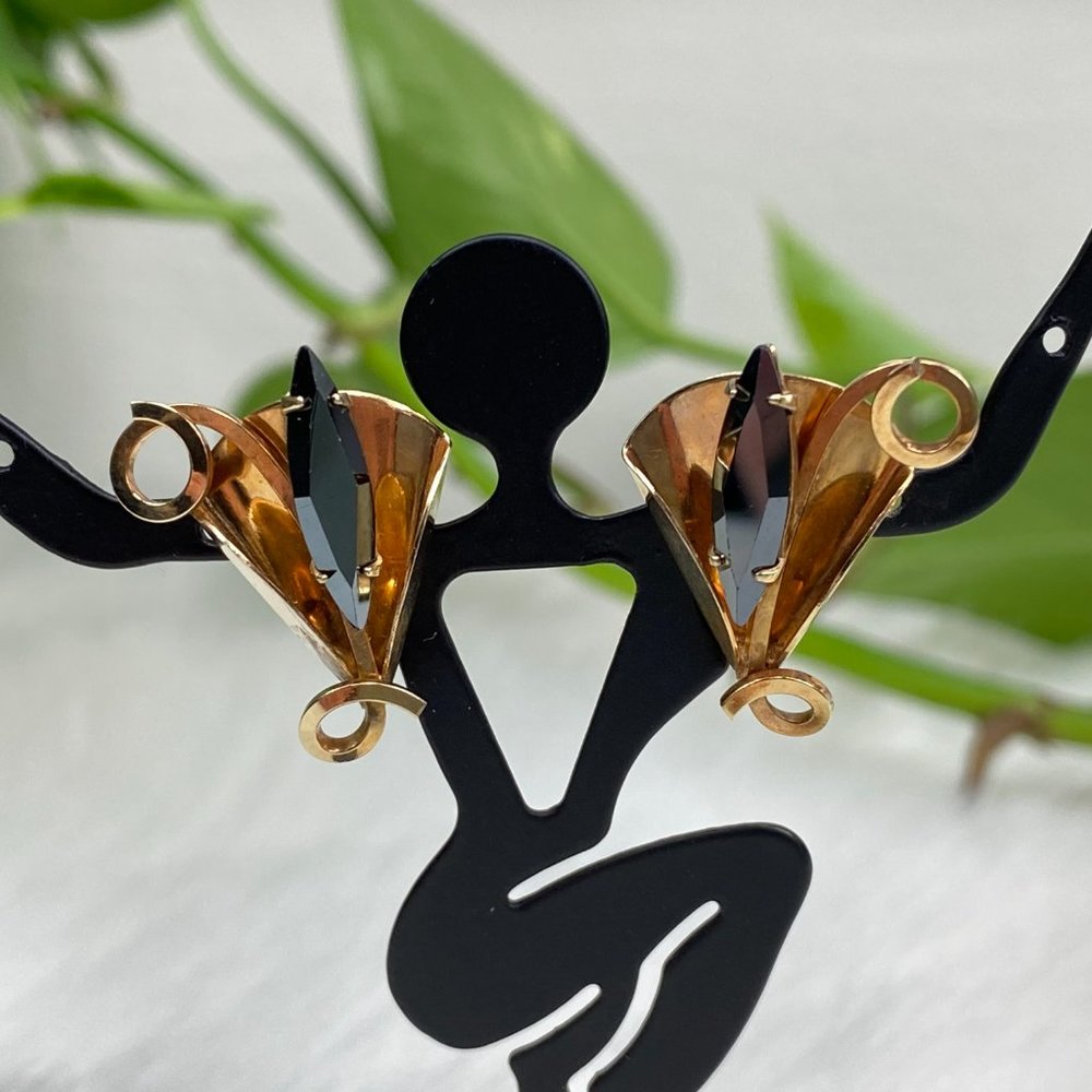 Vintage Signed Rainbow Sterling Vermeil & Black Faux Diamond Screw Back Earrings